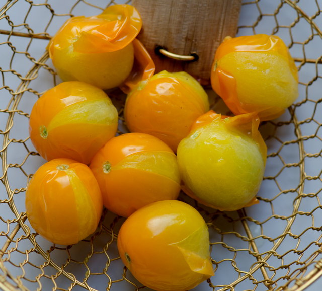 The skins of the Sun Gold tomatoes slipped off easily after they were blanched. 