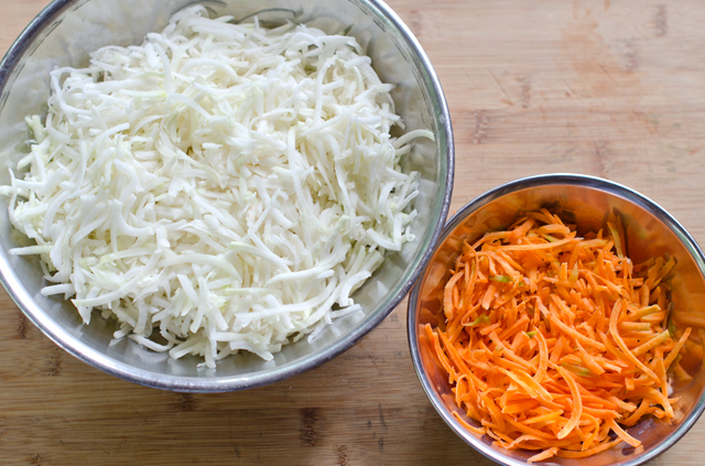 Shredding the kohlrabi and carrots is easy in the food processor.